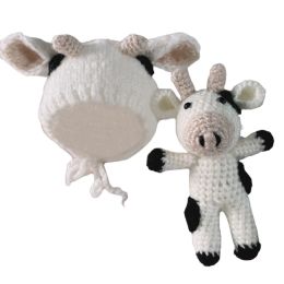 Photography Newborn Infant Photography Prop Crochet Knitted Beanie Hat with Stuffed Animal Cow for Doll Toy Set Baby Clothes Costume