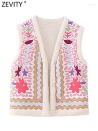 Women's Vests Zevity 2024 Women Fashion V Neck Sleeveless Plush Flower Printed Vest Jacket Office Lady Open Stitching WaistCoat Tops CT5063