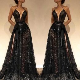 Dividir lado alto preto sexy vestidos de baile halter pescoço uma linha cheia renda lantejoulas sem costas designer vestidos de noite bc0229