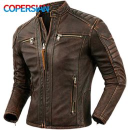 Mens Natural Leather Jacket First Layer Calfskin Stand Collar Motorcycle Jacket Retro Brown Cowhide Jacket Men's Biker Clothes 240228