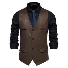 Vintage Coffee Suede Leather Suit Vest Men Brand Sleeveless Casual Western Waistcoat Party Gilet Costume Homme XXL 240228