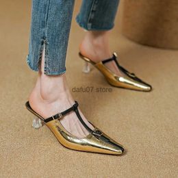 Dress Shoes Elegant Heel Shoes Woman Gold Silver Summer Sandals Sheepskin Woman Pumps French Style Mules Spring Autumn Simple ShoesH24228