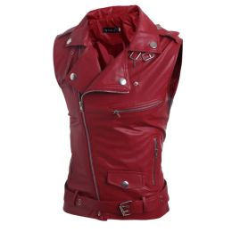 QNPQYX New Fashion Street Giacche da uomo Gilet in pelle Pu Slim Fit Punk Multi Zipper Risvolto Gilet corto Nero Rosso