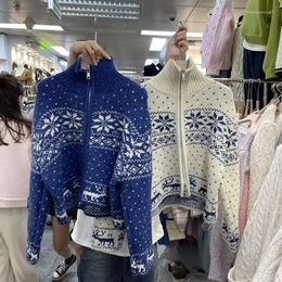 Women's Knits Christmas Sweater Zipper Oversized Cardigan Style Long Sleeve Top 2024 Knitted Jacket Jacquard Half High Neck Korean Fashion