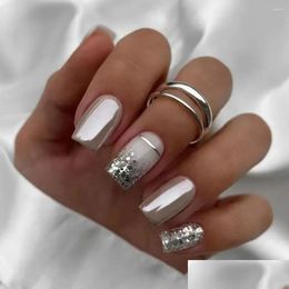 False Nails 24Pcs Nail Tips Diy Fake Nials Glitter Sier Long Square French Drop Delivery Health Beauty Art Salon Otfqu