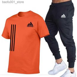 Men's Tracksuits Mens summer new product T-shirt sportswear two-piece set mens casual fitness sportswear short sleeved T-shirt+long pants mens Q240228