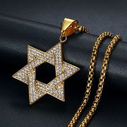 Hip Hop Bling Iced Out Gold Colour Stainless Steel Jewish Star of David Hexagram Pendants Necklaces for Men Rapper Jewelry310I