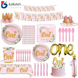 Sets Girls One First Happy Birthday Disposable Tableware Pink Plate Napkins Cup Hat for Baby Shower 1 Year Old Birthday Party Deco