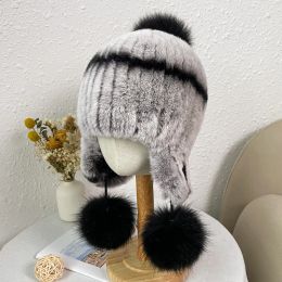 Hats Fur Hat for Kid Winter Real Rex Rabbit Hat Fox Fur Kniting Girl Warm Snow Caps Boy Natural Fur Knitted Mink Fox Pompom Fur Hats