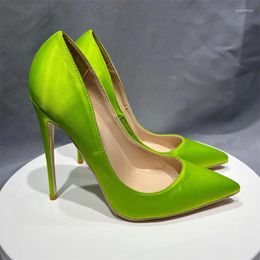 Dress Shoes 12Cm Women'S High-Heeled Green Silk High Heels Party Night Clubs Black Satin Single Pointed Toe Women