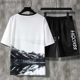 Men's Tracksuits Summer Fashion Print Tracksuit Men 2022 Harajuku 2 Piece T Shirts Sets Casual Mens Outfit Suit Breathable TShirts and Shorts Set Q240228