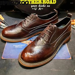Dress Shoes Oxfords Brown Durable Goodyear Welted Lace Up Real Leather Vintage Flats Cowhide Men Round Toe Large Size Brogue