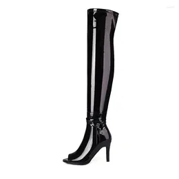 Sandals Arden Furtado Summer Over The Knee Boots Patent Leather Round Toe Fish Mouth Stilettos Heels Sexy Side Zipper Ladies Cool