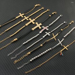 Link Bracelets Fashion Stainless Steel Cross Charms Simple Golden Bead For Women's Jewelry Personality BDNZAPBC