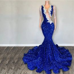 Stunning Sequined Prom Dresses Tassel Applique Mermaid Evening Party Gown African Women Gala Dress