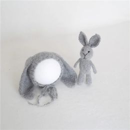 Sets Grey Baby Boy Hat and Toy Set Fluffy Easter Bunny Hat Knitted Rabit Toy Stuffed Animal Doll Angora Newborn Bonnet Props