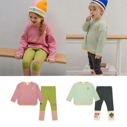 Clothing Sets Children's Bottoming Shirt Suit 2024 Autumn Striped Long-sleeved T-shirt Cotton Cute Splicing Leggings