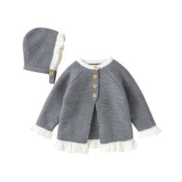 Sets Baby Sweater Knitted Newborn Girl Boys Tops Long Sleeve Autumn Infant Toddler Clothing Hat Set Fashion Ruffle Cardigan Outerwear