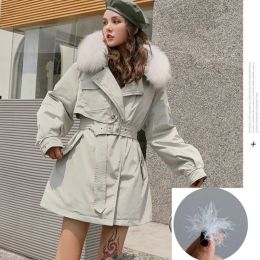 Coats Women Causal Hooded Down Jacket Vintage Winter Warm 90% White Duck Feather Waistband Coat Fur Collar Puffer Overcoat