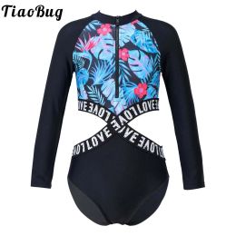 Swimwear Kids Long Sleeve Swimsuit Black Floral Print Hollow Out Waist Onepiece Girls Swimsuit Beach Swimming Bathing Jumpsuit Bodysuit