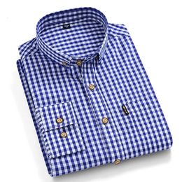 Mens Buttoned Down Full Sleeve Striped Chequered cotton Shirt Single Patch Pocket Quality Casual Regular-fit Plaid Dress Shirts 240220