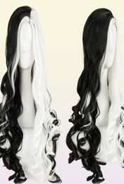 CRUELLA Deville De Vil Cosplay Wigs 75cm Long Curly Half White Black Heat Resistant Synthetic Hair Cap Y09134753643