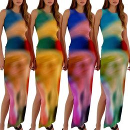 Casual Dresses Women Tie Dye Print Long Dress Summer Sleeveless Knit Stretchy Maxi Woman Sexy Bodycon Thigh Split Sundress Outfits