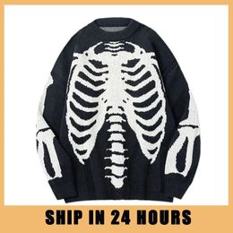 Streetwear Oversized Knitted Sweaters Mens Vintage Skeleton Bone Printed Hip Hop Harajuku Patchwork Casual Pullover Unisex Black 240226