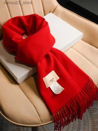 Scarves Solid color retro Chinese red tassels fashionable comfortable and simple womens new scarf autumn thickened warm collar long shawl Q240228
