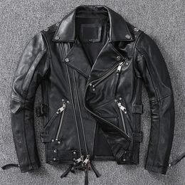 Black Motorcycle Leather Jacket Men Natural Genuine Cowhide Slim Fit Vintage Brown Mens Biker Racer Jackets Oblique Zipper S~9XL 240228