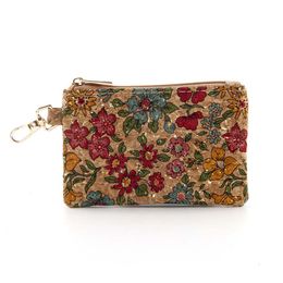 10pcs Coin Purses Lady Retro Cork Leather Flower Butterfly Printing Square Short Wallet With Keychain Mix Color
