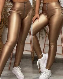 Women's Pants Fashion 2024 Spring Latest Trendy Street Leader Eyelet Zipper Chain Lace Up Metallic High Waist Skinny