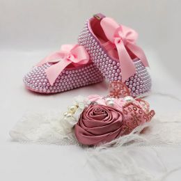 Outdoor Dollbling Bright Colourful Flower Headband Pink Pearls Shoes Newborn 2 Piece Gift Set Luxury Baby Shoes