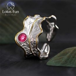 Lotus Fun Real 925 Sterling Silver Ring Natural Tourmaline Gemstones Fine Jewellery Adjustable Peony Leaf Rings for Women Bijoux 2203888437
