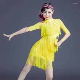 Stage Wear Yellow Latin Dance Dress Girls Fringed Dresses Kids Salsa Chacha Samba Tango Ballroom Competition Clothes SL4671