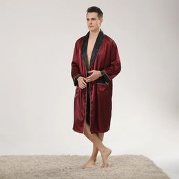 Burgundy Spring Summer Thin Men's Satin Robe Lightweight Long Sleeve Silk Kimono Bathrobe with Shorts Set Sleepwear 240228