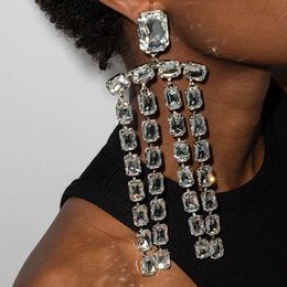 Oversize Big Square Crystal Long Fringed Dangle Earrings Jewellery for Women Luxury Rhinestone Bridal Drop Earrings Accessories 240223
