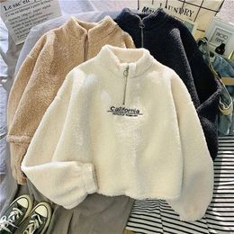 Women's Hoodies PTKPCC Cashmere Stand Collar Women Short Thicken Loose Korean Autumn Zipper Coat Embroider Sweatshirt Femme