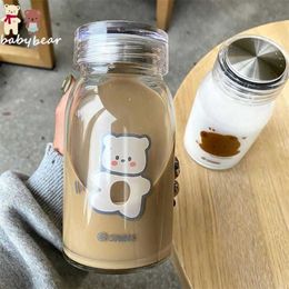 450ml Cartoon Bear Glass Water Bottle Thick Heat Resistance Drinking Bottles Cute Milk Coffee Tumblers for Student Girl Gift 211022750