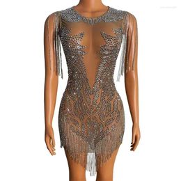 Stage Wear Women Sexy Silver Sparkly Crystals Fringes Transparent Chains Dress Evening Birthday Celebrate Party Singer Dance Outfit