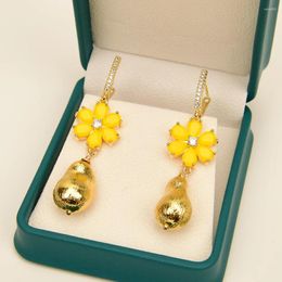 Dangle Earrings G-G Yellow Jade Crystal Pave Flower Gold Plated Brushed Bead Fashion Ear For Girls Party Jewellery Gifts