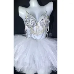 Stage Wear Sexy Bar Nightclub DJ Pole Dance Costume White Gauze Fluffy Mini Dress Pearl Rhinestones Bikini Performance Outfits Clubwear