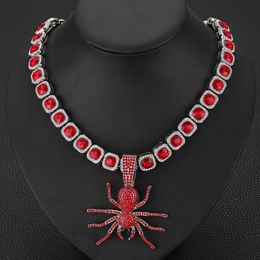 Men Women 12mm Hiphop Square Red Crystal Tennis Chain Iced Out Fashion Silver Color Spider Pendant Choker Necklace Jewelry Gifts 240220