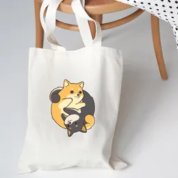Shopping Bags 2024 Cartoon Dog Print Canvas Shoulder Bag For Women Girl White Handbags Foldable Cloth Ladies Tote Beach