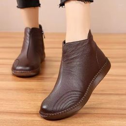 Boots GKTINOO Genuine Leather Women Warm Plush Snow Mom Shoes Soft Soles Non-slip Flat Woman Ankle
