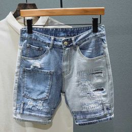 Men's Shorts Ultra Thin Straight Jeans Personalized Multiple Pockets Mixed Color Patchwork Tear Hole Denim Shorts Mens Street Clothing J240228