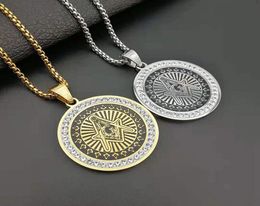 Hip Hop Rhinestones Paved Bling Iced Out Round Stainless Steel Masonic Illuminati Eye Pendants Necklaces for Men Rapper Jewelry2076075