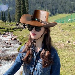 Berets Men Women Cowboy Hat Faux Leather Western Vintage With Ethnic Style Belt Decor For Retro