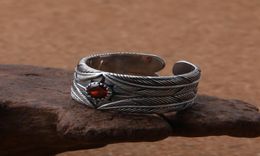 Korean fashion feather Rings Retro Thai silver Red stone open ring for men women 925 Sterling Silver Jewellery Gothic Punk bague7644379