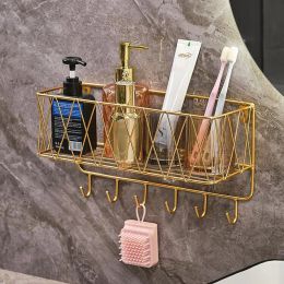 Holders Iron Bathroom Organiser Rack Storage Basket Wallmounted Floating Shelves Cosmetic Storage Rack Toothbrush Holder Punchfree